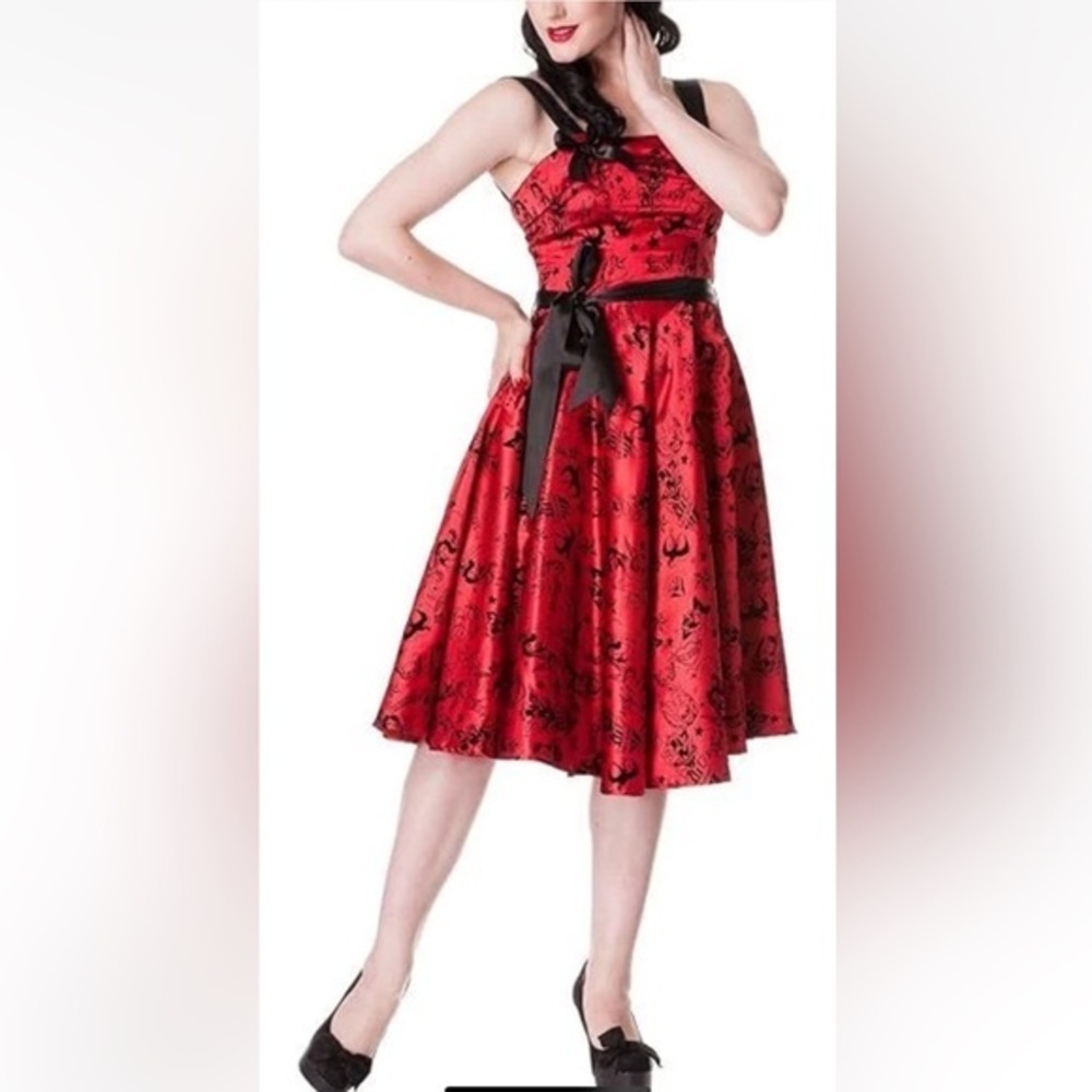Hell Bunny Rockabilly Swing Pinup Tattoo Satin Dress Red Black